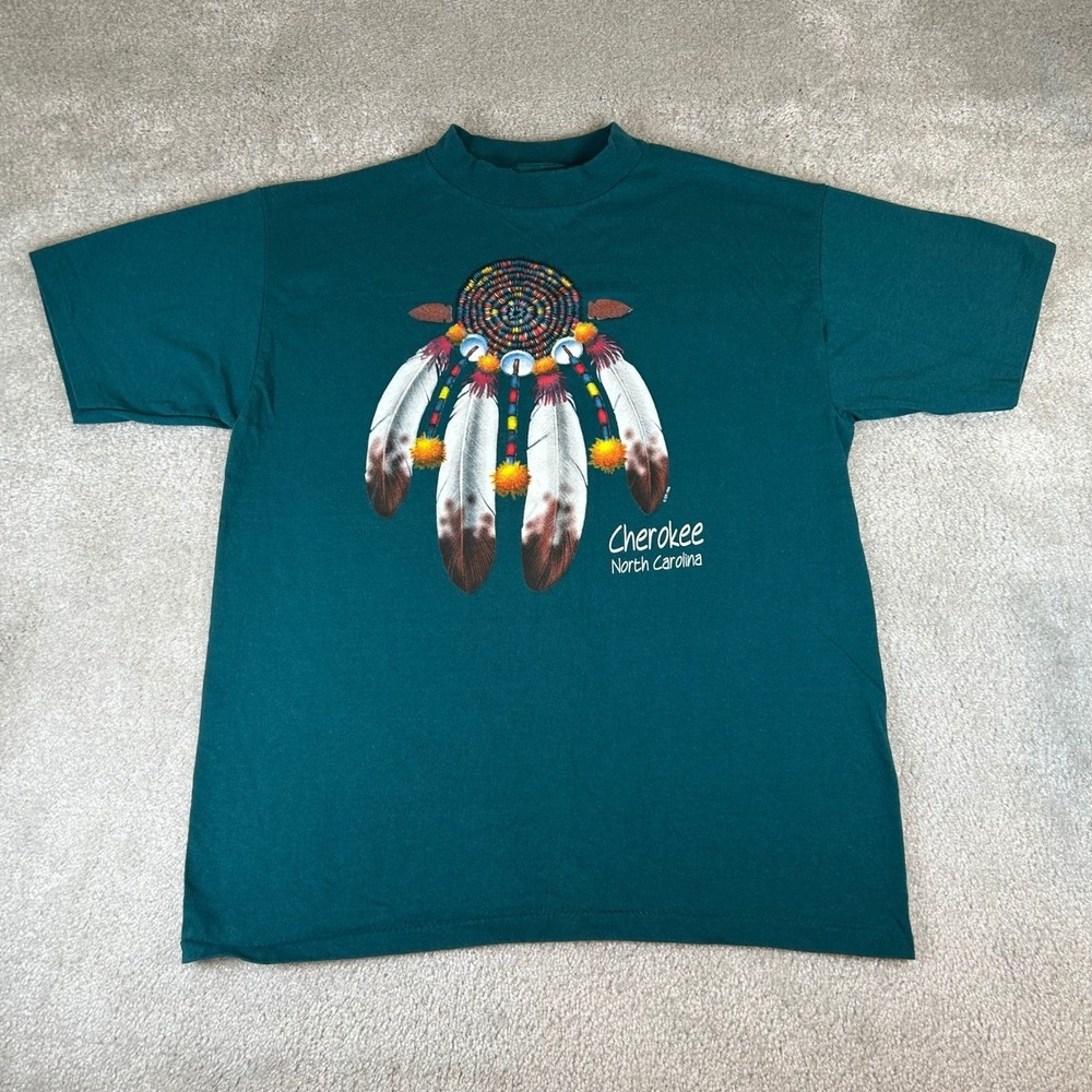 Vintage 1996 Eagle Products Graphic T-Shirt Men's L Teal Cherokee North Carolina